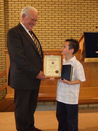 Dylan Stewart, a pupil of Coleraine Free Presbyterian Church Sabbath School, successfully answered every question in the Child's Catechism.  To mark this achievement he was presented with a certificate, Bible and a gift of £25.